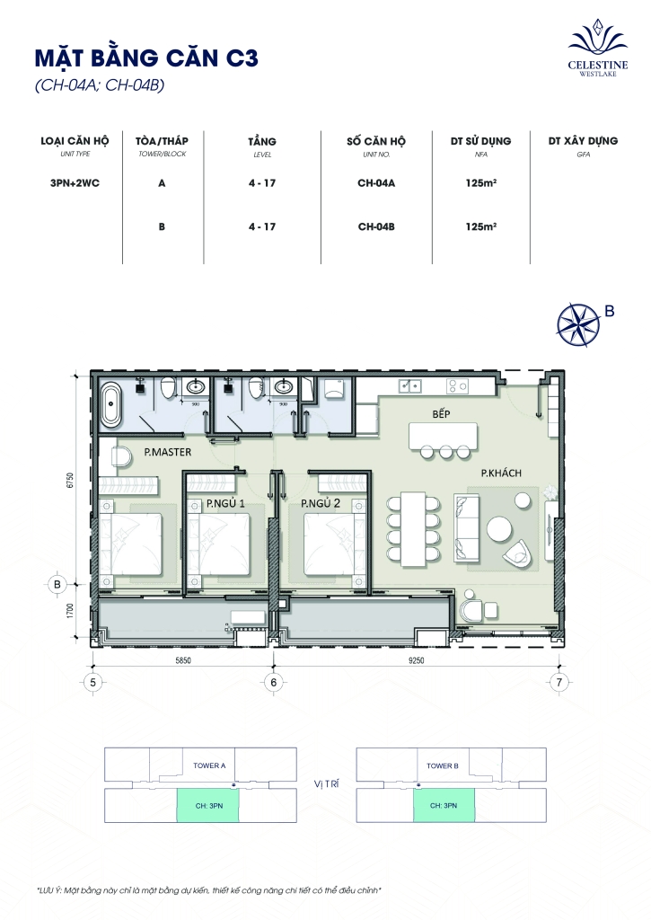 Bản vẽ mặt bằng 2D chi tiết căn hộ 3 phòng ngủ chung cư Celestine Westlake - mã căn 04
