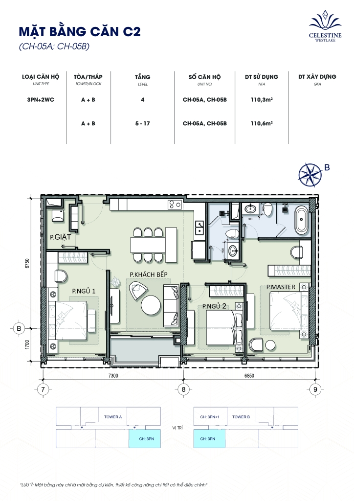 Bản vẽ mặt bằng 2D chi tiết căn hộ 3 phòng ngủ chung cư Celestine Westlake - mã căn 05